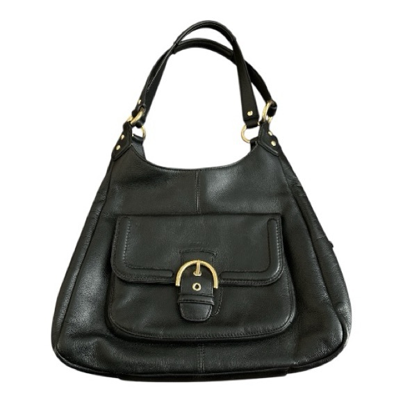 Handbags - Coach Campbell F24686 Black Leather Hobo Shoulder Bag Purse Brass Buckle Handbag